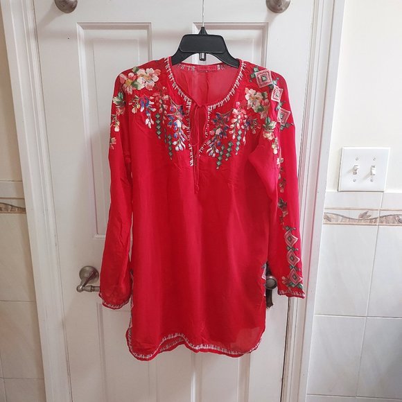 Johnny Was Red Floral Embroidered Tie Yoke Neck Georgette Tunic Top Blouse - Picture 1 of 7